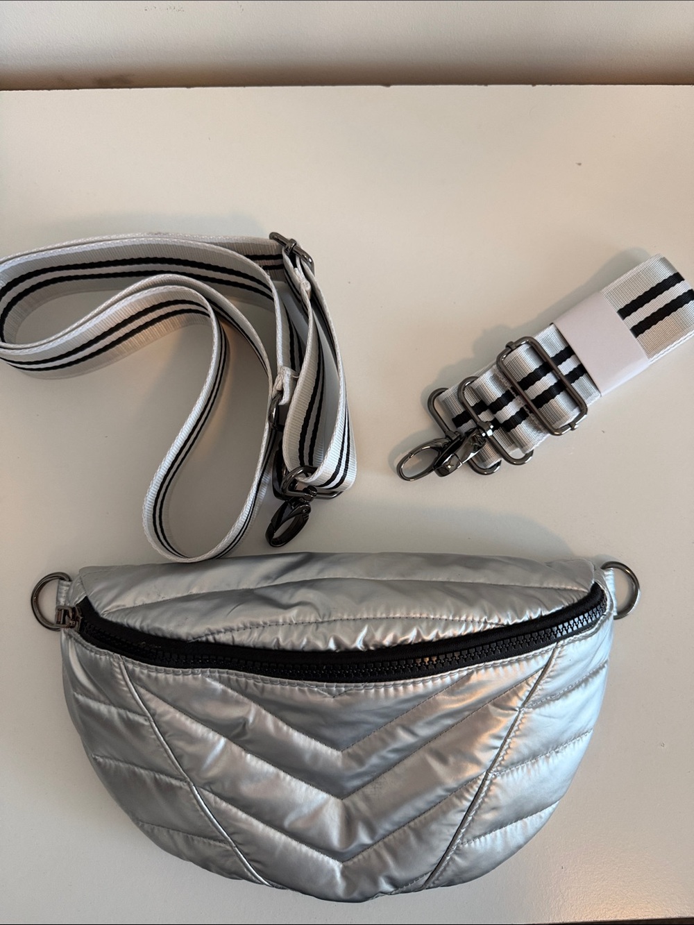 Silver Quilted Crossbody Belt Bag with Removable Straps
